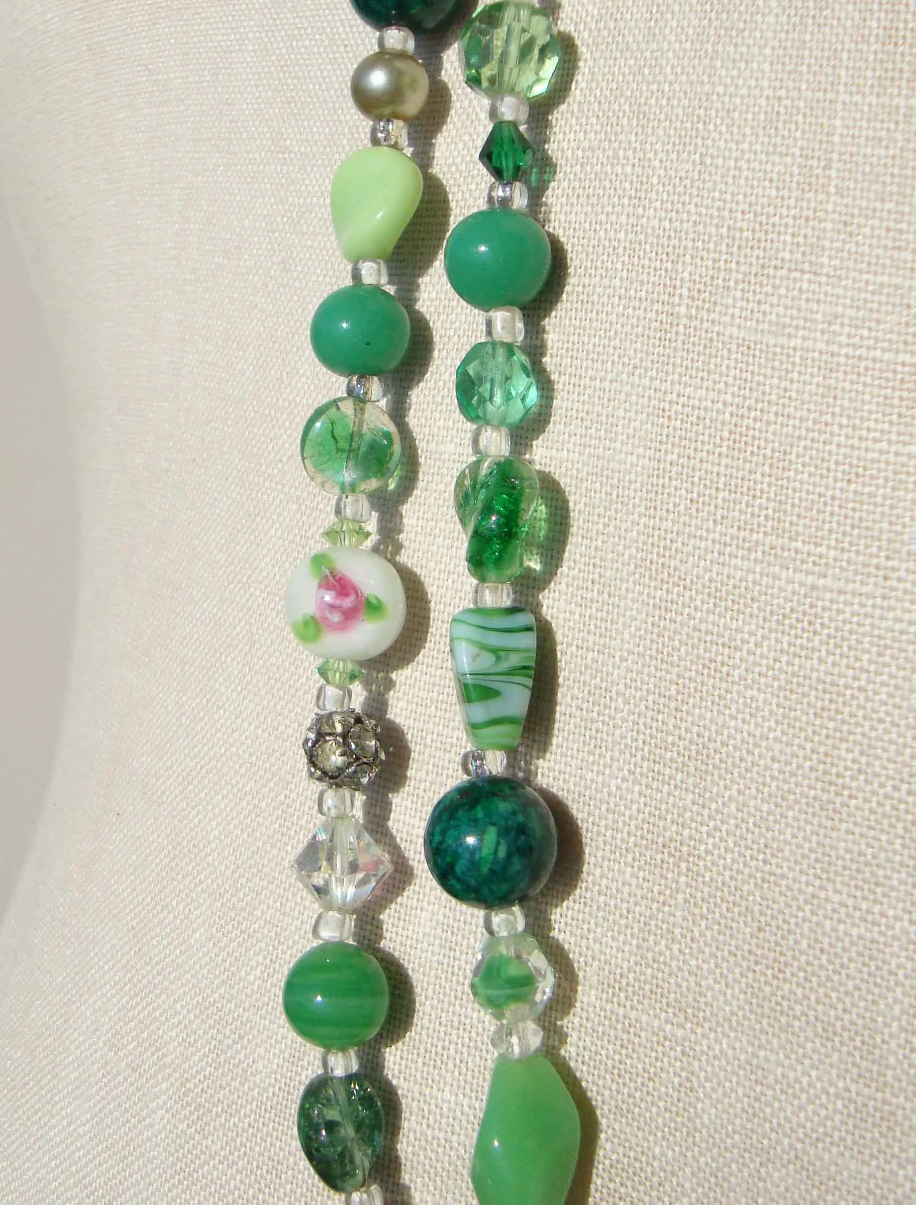 Vintage Venetian Beaded Necklace Green Rope Lampwork Glass Beads