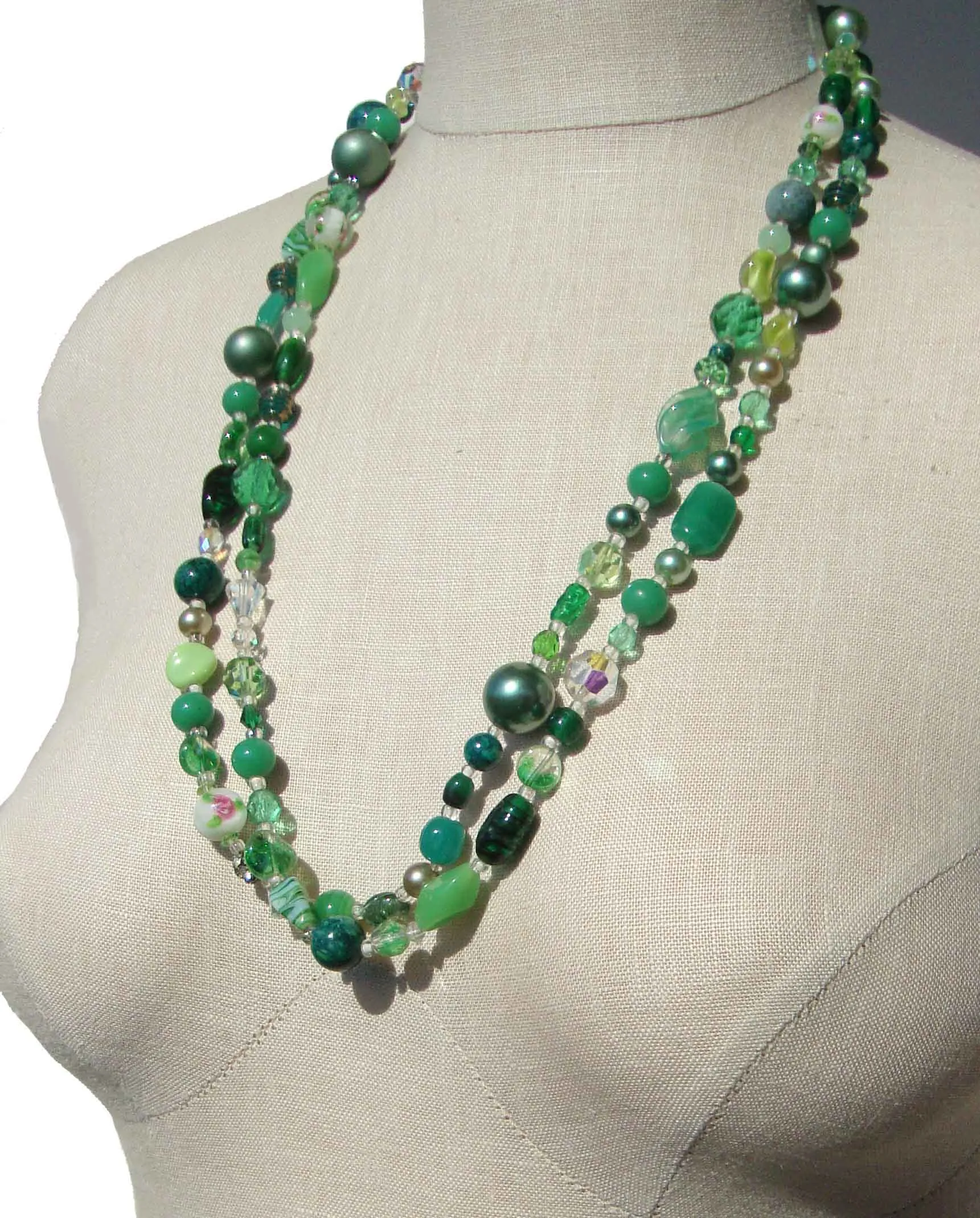 Vintage Venetian Beaded Necklace Green Rope Lampwork Glass Beads