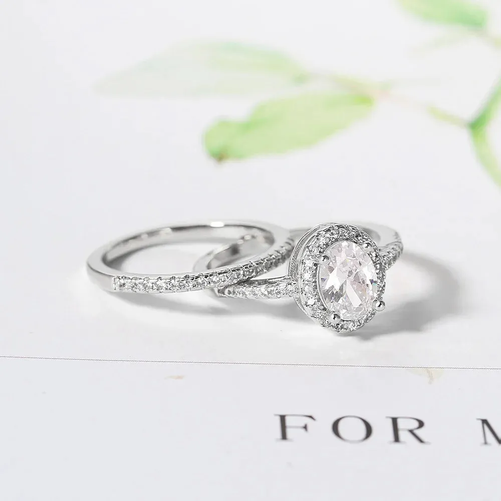 Wedding Moissanite Rings Set for Women Bridal Engagement Silver Color Crystal Rings Aesthetic Christmas Mariage Jewelry SR077